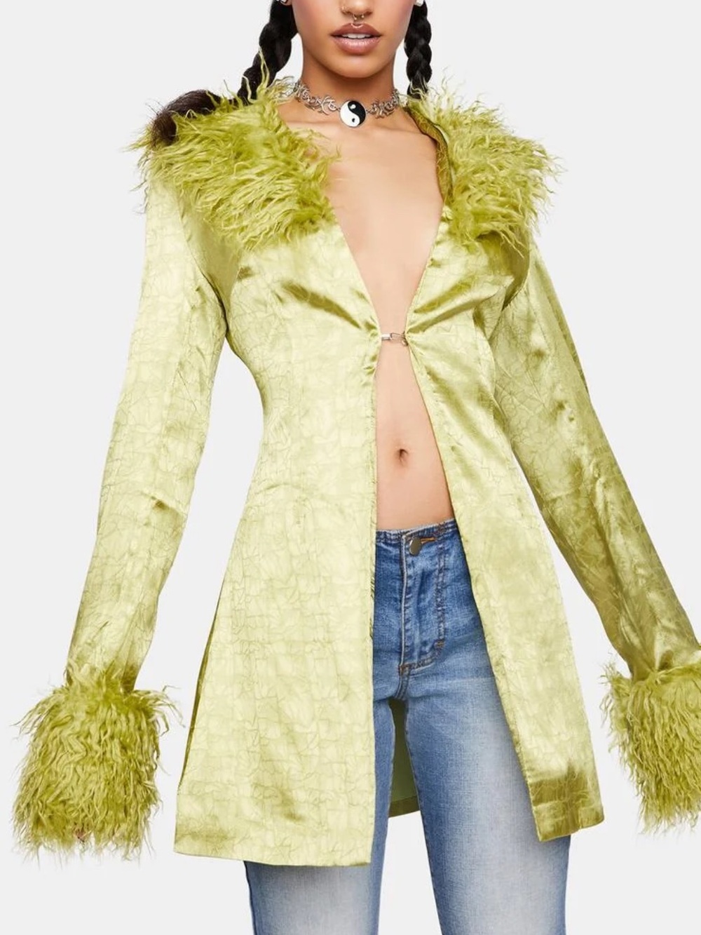 Elsie & Fred Satin Faux Fur Duster Jacket